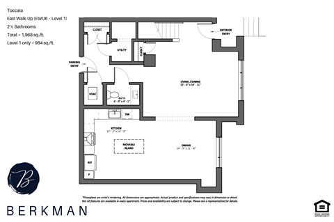 Floor plan for 2 beds, 2.5 baths, 1988 sqft